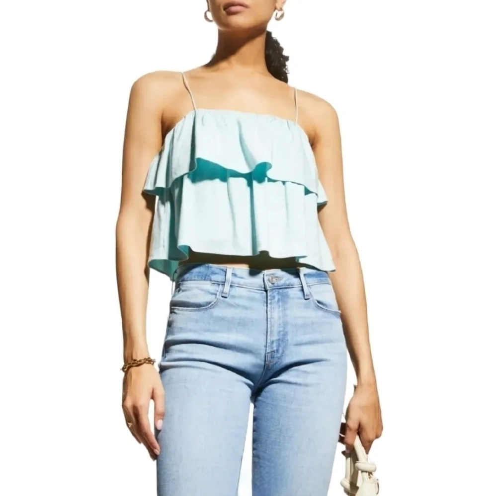 alice + olivia Cropped Tiered Linen-blend Top, Size 8, Blue, NWT
